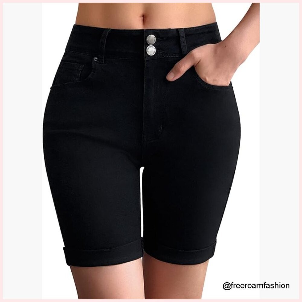 Mid Rise Skinny Bermuda Shorts Butt Lifting Stretchy Denim